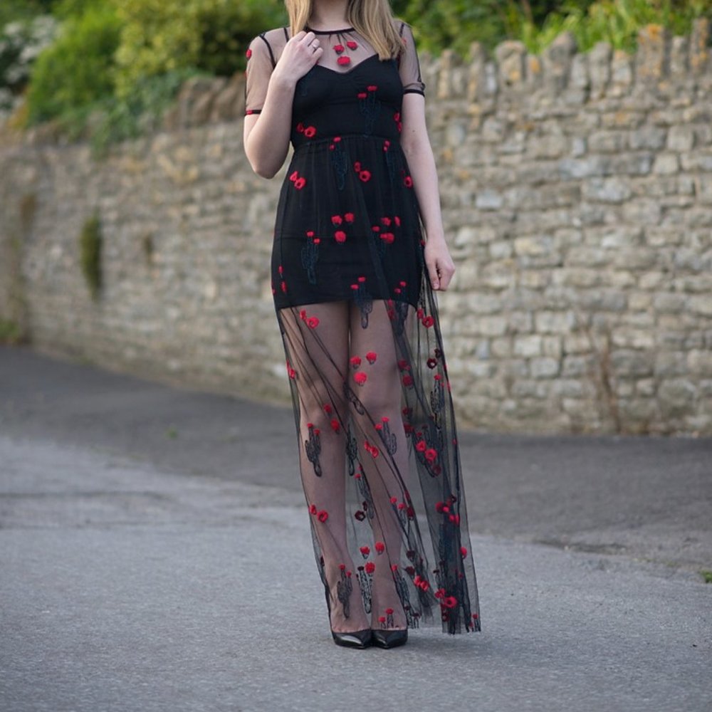 For Love and Lemons Desert Rose Maxi Dress Sheer Tulle Embroidered Cactus